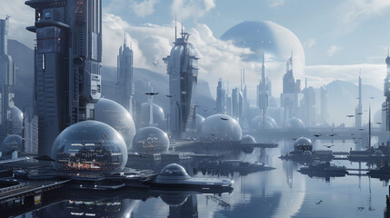 Futuristic Cityscape with  Dome Structures and Water Reflections 