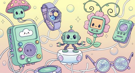 Whimsical Tech: A Pastel Galaxy of Cute Gadgets and Robots