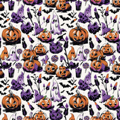 Fototapeta premium Halloween pattern seamless sketch style with pumpkins, ghosts, bats, lollipops, candles, and spooky elements on white background, hand drawn festive illustration with artistic atmosphere