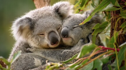 Obraz premium Happy Koalas Cuddling on Eucalyptus Tree Branches in Nature