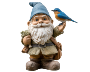 Garden gnome statue blue hat white beard holding bouquet cheerful expression bluebird perched on hand outdoor decoration whimsical detailed colorful