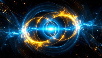 Obraz premium Quantum futuristic background with glowing fractal rings, pulsing quantum particles, and digital sparks