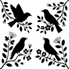 Obraz premium a black silhouette illustration set featuring four different birds perched on flowering branches