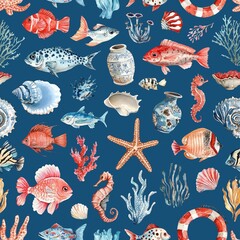 Watercolor seamless marine pattern with fish, shells, corals, algae on a blue background.