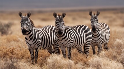 Fototapeta premium Three Happy Zebras in the African Savannah under Soft Light