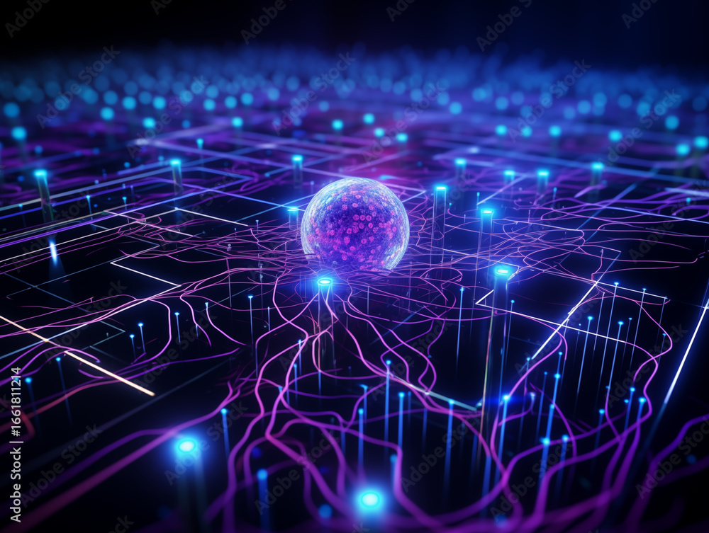 Poster dynamic digital sphere pulsing with energy in a modern futuristic network design