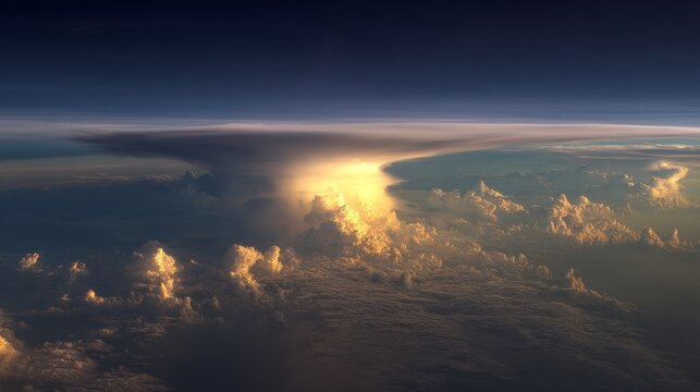 Dramatic evening thunderstorm cloud formation with glowing bubbling thunderhead beneath dark streaks of sky, symbolizing power, instability, turbulence and aviation weather alerts