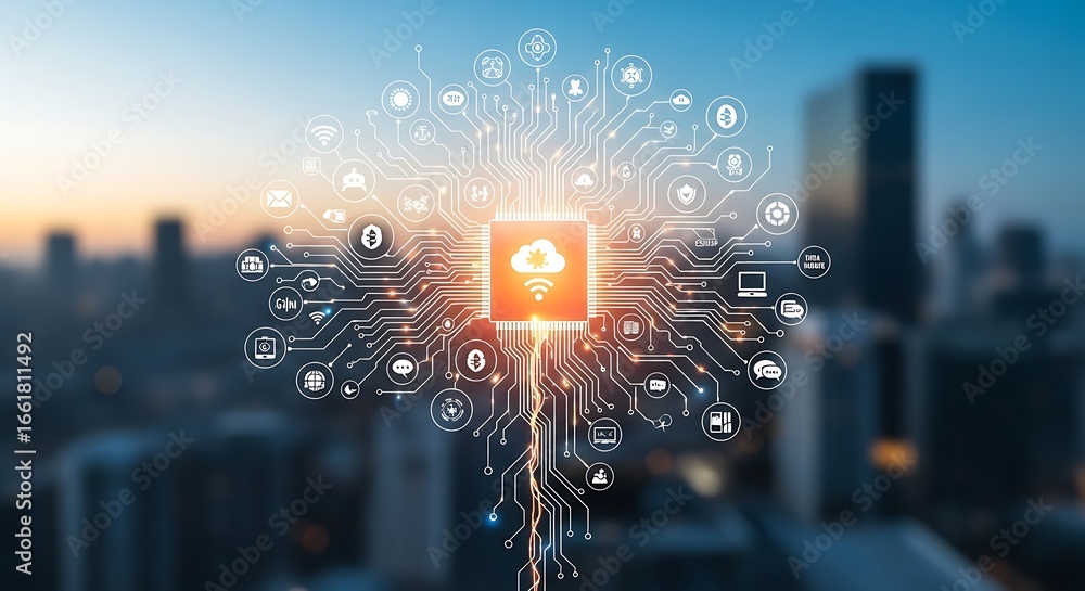 Aufkleber artificial intelligence brain circuit board technology with cloud computing concept