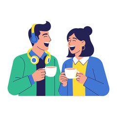 Joyful Companionship: A vector illustration portrays a couple sharing a delightful moment over warm drinks, their laughter echoing the genuine connection they share.