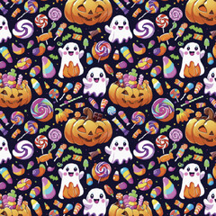 Obraz premium Halloween pattern seamless with pumpkins, ghosts, candies, sweets, and festive elements on dark background, perfect for wrapping paper, textile, wallpaper, covers, packaging, decoration
