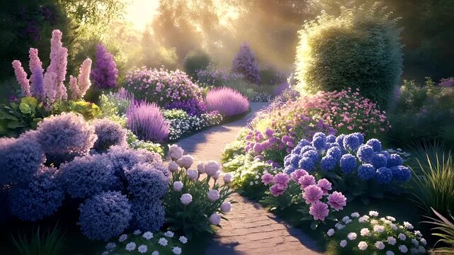 A vivid, sunlit garden scene with a variety of flowers and plants. The main subject is a lush, vibrant garden with blooming flowers and a winding path.