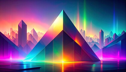 Surreal futuristic abstract background with floating geometric forms, glassy prism reflections, and luminous aura