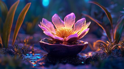 Luminous Purple Flower in Dark, Wet Setting