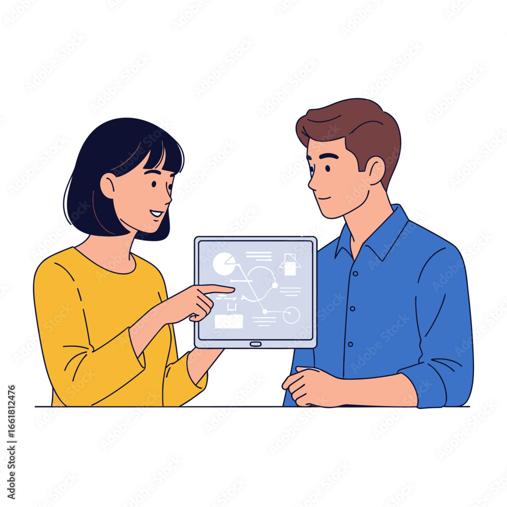 Poster digital insights: a modern duo, engrossed in collaborative screen time, working together to solve a 