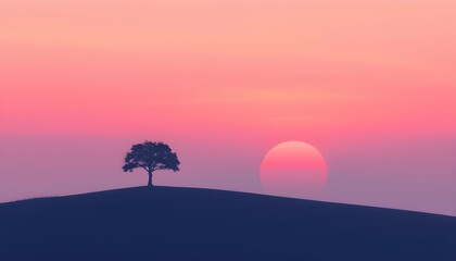 Solitary tree silhouetted against a vibrant pink sunset, perched atop a gentle hill.