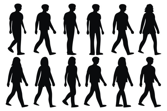  Several people walking silhouettes set isolated flat vector illustration on white background