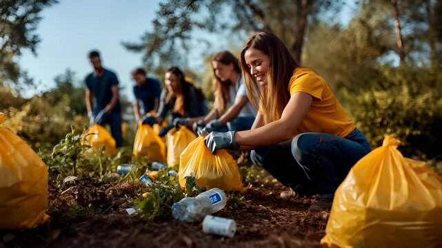 Trash garbage Spring cleaning. A young woman in a yellow shirt and blue gloves is picking up trash in a park. She is crouched down, holding a yellow plastic bag.