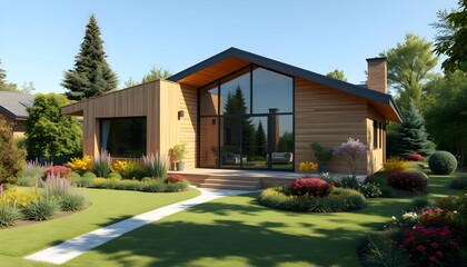 Modern wood-clad house with large windows, nestled in a beautifully landscaped garden.