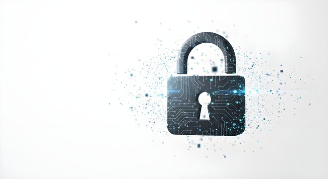 Circuit board style padlock on white background with copy space