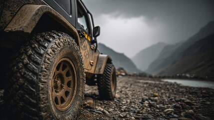 Off-road 4x4 Vehicle on Rocky Mountain Riverbank Under Stormy Sky