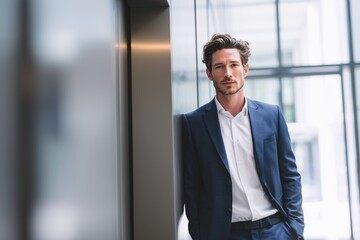 Fototapeta premium Modern businessman leaning against wall in office building, serious look