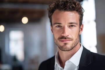 Fototapeta premium Close-up portrait of confident businessman in office with warm lighting