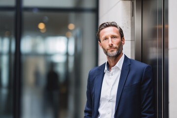 Calm senior businessman standing in hallway near elevator with thoughtful look