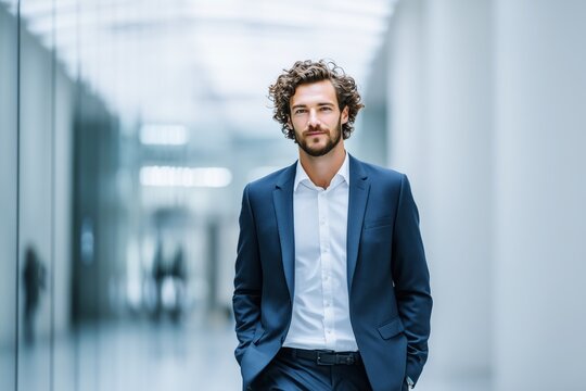 Confident smiling businessman in modern glass office environment, looking sideways