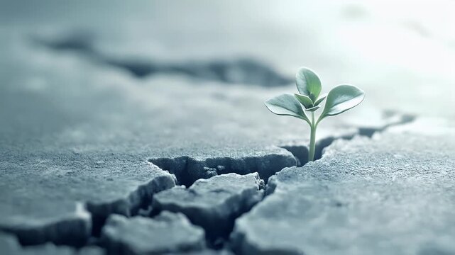 A closeup of a young plant sprouting from a crack in a cracked ground. The plants leaves are a vibrant green, contrasting with the earthy tones of the cracked surface. The background is blurred.