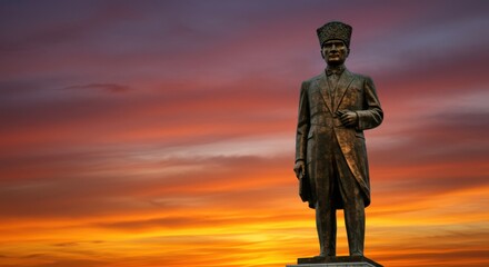 Bronze Statue of Ataturk, Founder of Turkish Republic, Against Sunset Sky