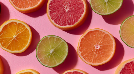 Different sliced citrus fruits on pink color background.

