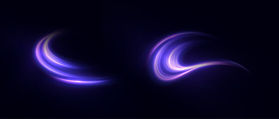 Vector Set of glowing purple curved light stripes with shining glitter and dynamic movement on dark background.