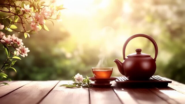 A closeup of a wooden table with a cup of tea on it. The table has a rustic appearance with visible grain patterns and a smooth surface. The teapot is a deep brown color.