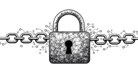 Lock and chain made of dots on white background for cybersecurity