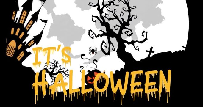 An illustrated vector Halloween banner shows a full moon shining on a spooky pumpkin patch with a creepy tree silhouette