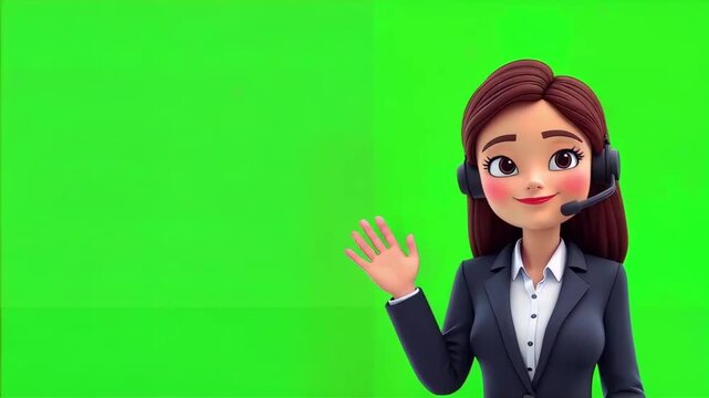 3D Cartoon Female Business Support Agent Wearing Headset Smiling and Waving on Green Screen Background