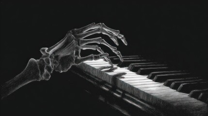 Naklejka premium A skeletal hand plays a piano keyboard against a dark, shadowy background