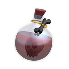 Poison bottle with skull and dark red liquid inside.