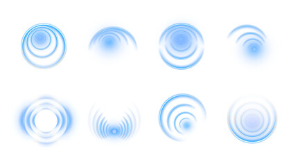 Set of glowing blue concentric circles and wave vibration effects on white background. Futuristic luminous rings for UI design, sound waves, radar visuals, digital motion graphics, and abstract sci-fi © MAKSYM