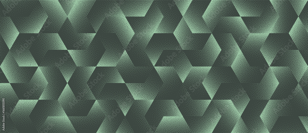 Poster vector abstract wide panoramic background with tech-style halftone hexagon shift in sage green colou