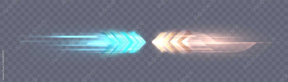 Poster luminous blue and yellow hands with dynamic luminous trail on transparent background. dynamic light 