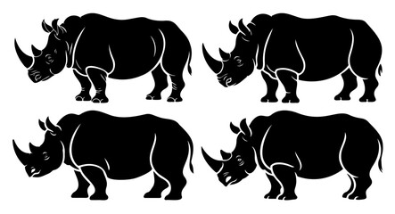Four rhinoceros silhouettes in black and white, facing different directions.