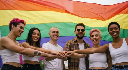 Diverse LGBTQ Friends United Under Rainbow Flag in Celebration