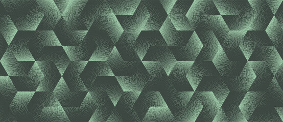 Vector abstract wide panoramic background with tech-style halftone hexagon shift in sage green colour. Grainy textured geometric pattern for military innovation, digital terrain, tactical UI backdrops