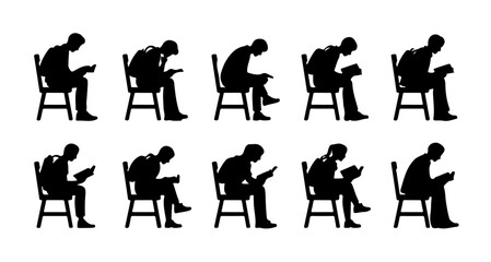 Collection of silhouettes depicting people seated in chairs, engrossed in reading books or using tablets.