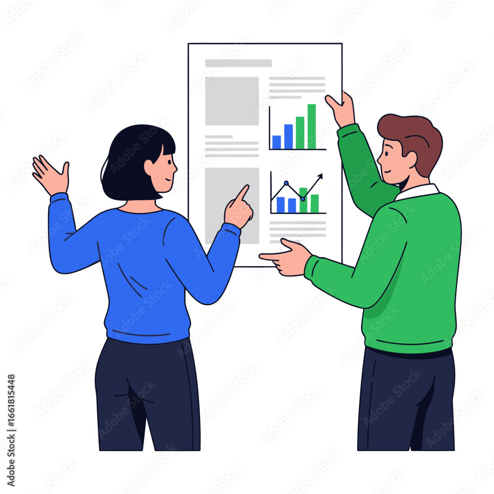 Poster data analysis: two professionals collaborate, examining a comprehensive chart brimming with insightf