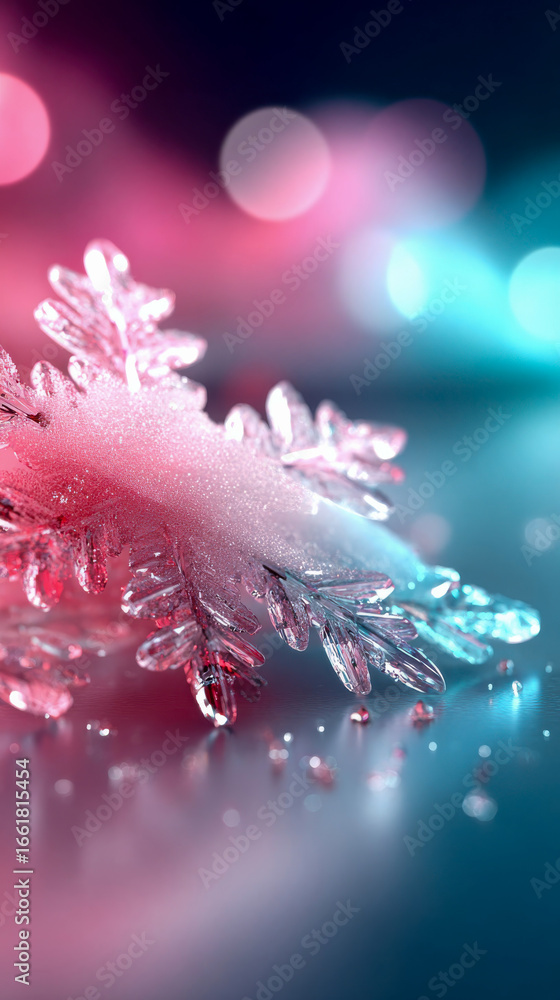 Poster Close-up of a transparent snowflake with intricate details, resting on a reflective surface with glowing blue and orange bokeh lights