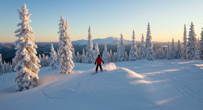 Skier in Red Jacket Snowboarding in Winter Forest Scene at Sunset