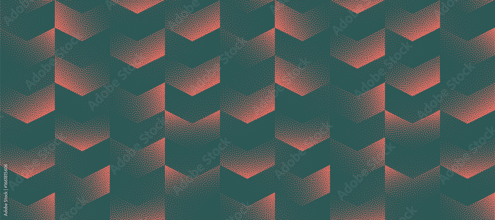 Poster vector graphical abstract wide panoramic background with a vibrant halftone chevron pattern in red a
