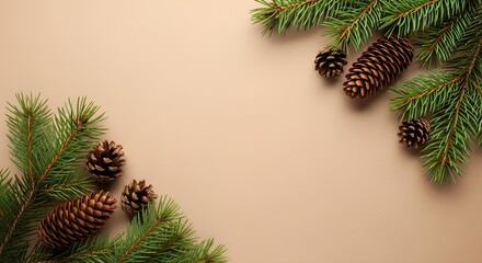 Festive Pine Cones and Fir Branches on a Soft Peach Background - A Natural Christmas Border